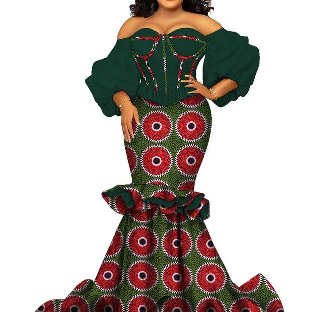 African Women Dresses Riche Cotton African Print Floor-Length Puff Sleeve Party  Wedding Dress African Women Clothes Wy1656