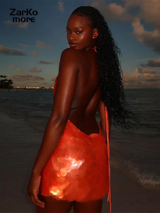 Sexy Sequin Halter Mini Dress Women Backless Lace Up Slim Party Club Dresses Female 2025 Summer Lady Bodycon Y2K Orange Robes
