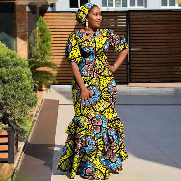 Evening Dresses African Dresses for Women Print Ruffles Maxi Dress with Free Headwrap Elegant Lady Party Wedding Gown Y2225020