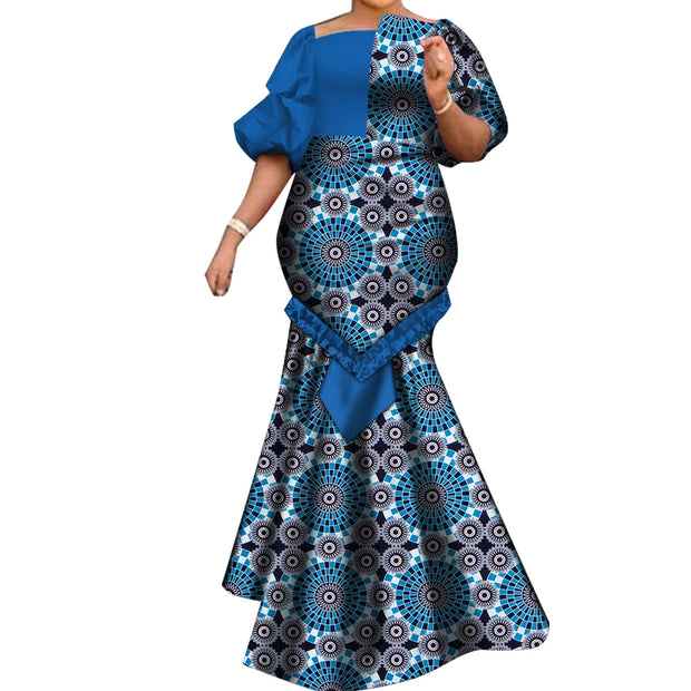 African Dresses for Women Fashion Print Patchwork Ruffle Long Dashiki Dress African Ball Gown for Evening Party WY6824