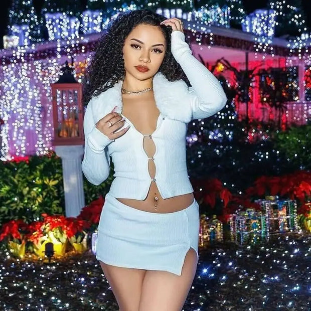 Joskaa Women 2 Piece Set Sexy Fur Collar Full Sleeve Single Breasted Tops and Split Mini Skirt Matched Winter Party Club Outfits