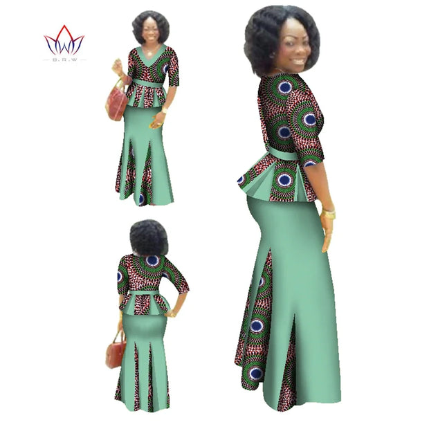 Traditional African Clothing 2 Piece Set Women Clothes Half Sleeve Maxi Dress Dashiki African Print Skirt free Scarf 6XL WY1435