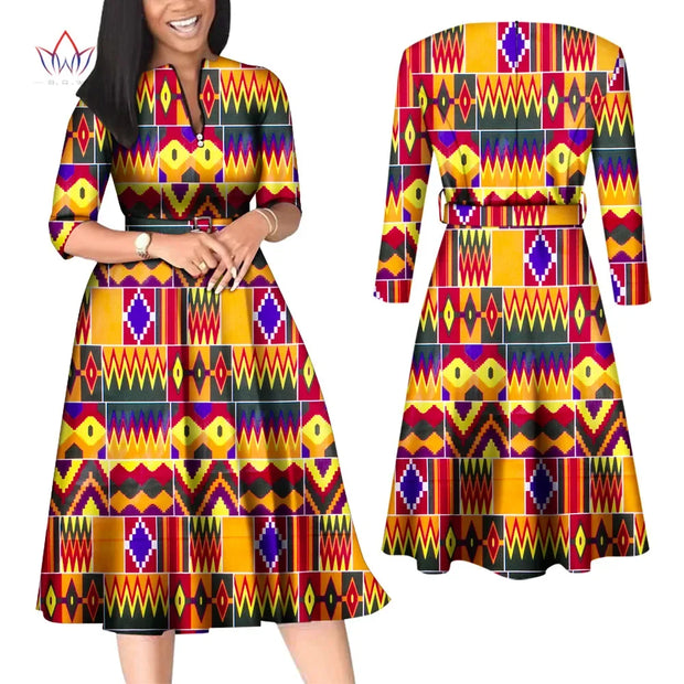BintaRealWax African Dresses for Women Elegant V Neck Office Midi Dresses with Belt Riche Cotton Africa Print Clothing WY7886