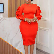 FairyShely 2025 Ruffle Long Sleeve Plus Size Dress Women Large Solid Big Sheath Dresses Lady Spring Party Tight Curvy Dress