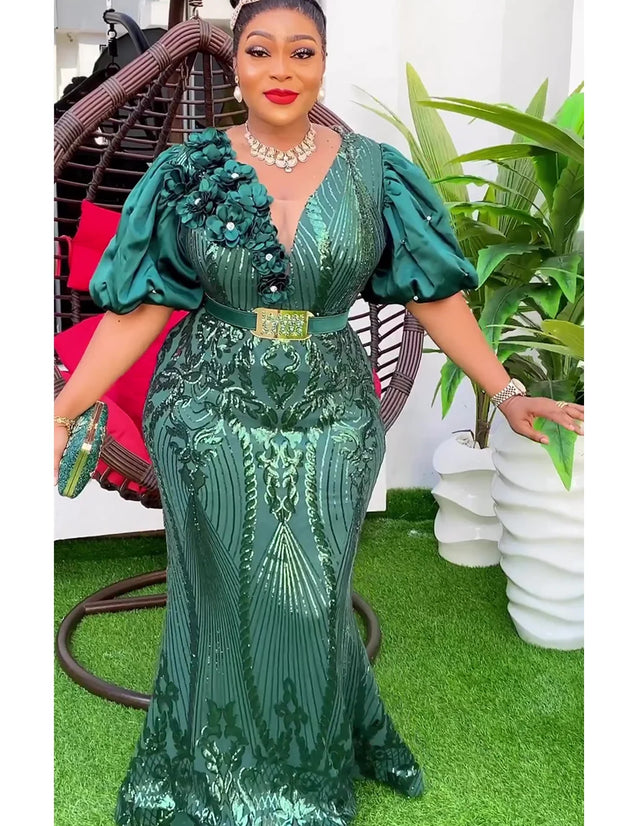 Plus Size African Wedding Party Dresses for Women Dashiki Ankara Sequin Evening Gown Elegant Turkey Outfit Robe Africa Clothes