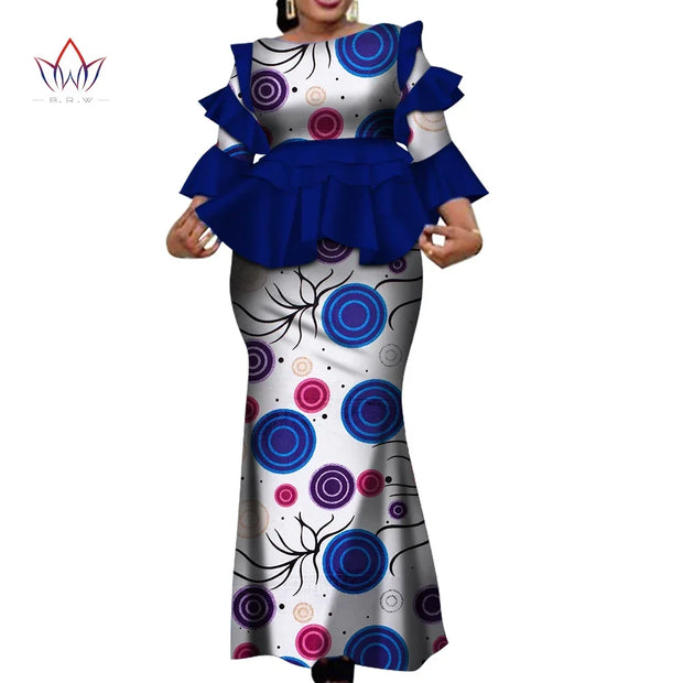 African Two Piece Outfits Set for Women Fashion Dashiki Ruffle Dashiki African Clothes Bazin Plus Size Clothing for Party WY4142