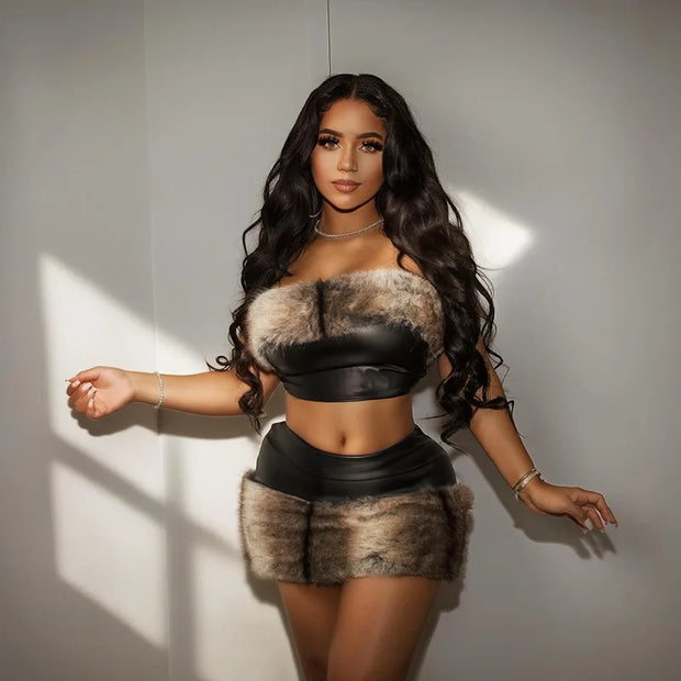 Joskaa Furry Patchwork Warm Suit for Women Sexy Faux Leather Tube Tops and Mini Skirts Matching 2 Piece Sets Party Club Outfits