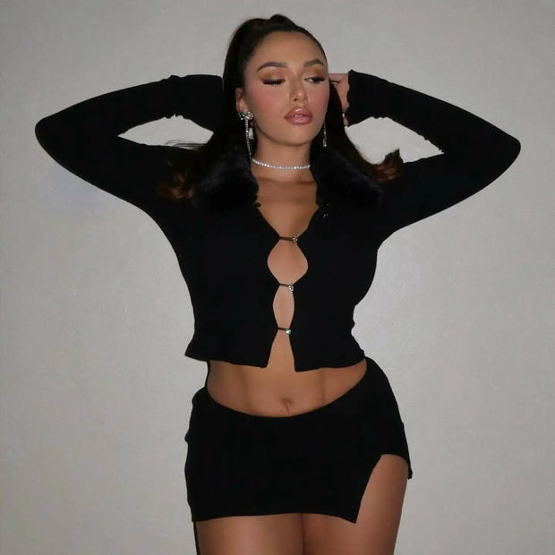 Joskaa Women 2 Piece Set Sexy Fur Collar Full Sleeve Single Breasted Tops and Split Mini Skirt Matched Winter Party Club Outfits