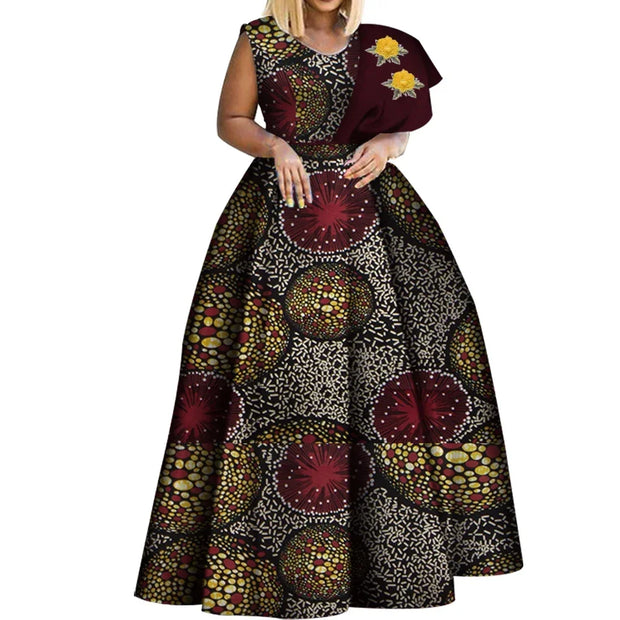 Bintarealwax Dashiki African Print Dresses Bazin One-shoulder Party Dress Vestidos Plus Size African Dresses for Women WY3834