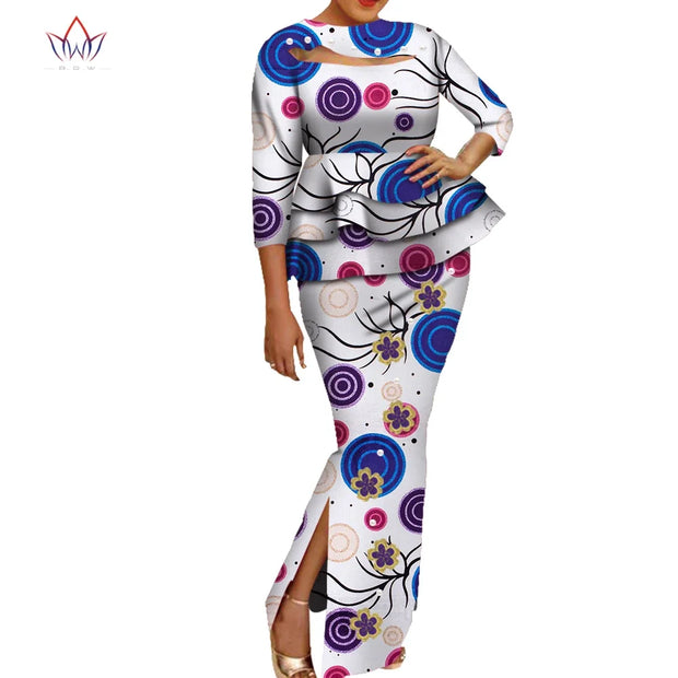 African Wax Print Clothing Women 2 Piece Outfits Set Bazin Riche Applique Flower & Pearls Women Tops and Skirt Set WY3698