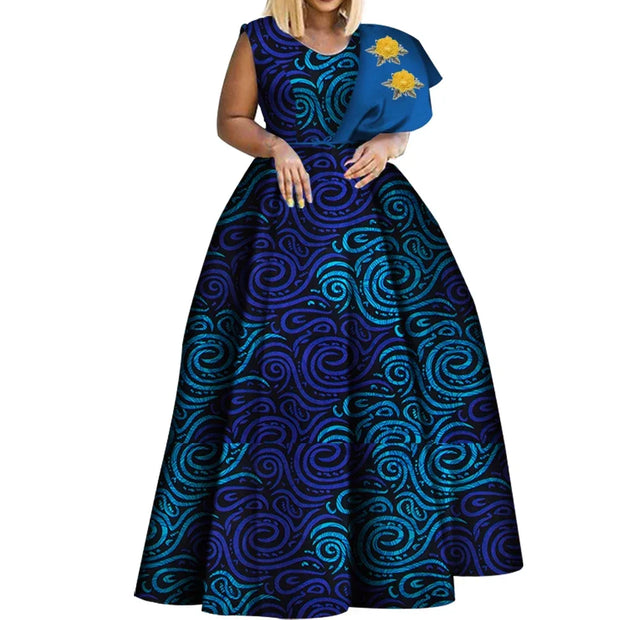 Bintarealwax Dashiki African Print Dresses Bazin One-shoulder Party Dress Vestidos Plus Size African Dresses for Women WY3834