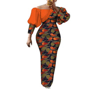 Women Dress African Print Cotton Puff Sleeve Evening Dress African Clothes for Women Elegant Bodycon Long Party Dress WY2122