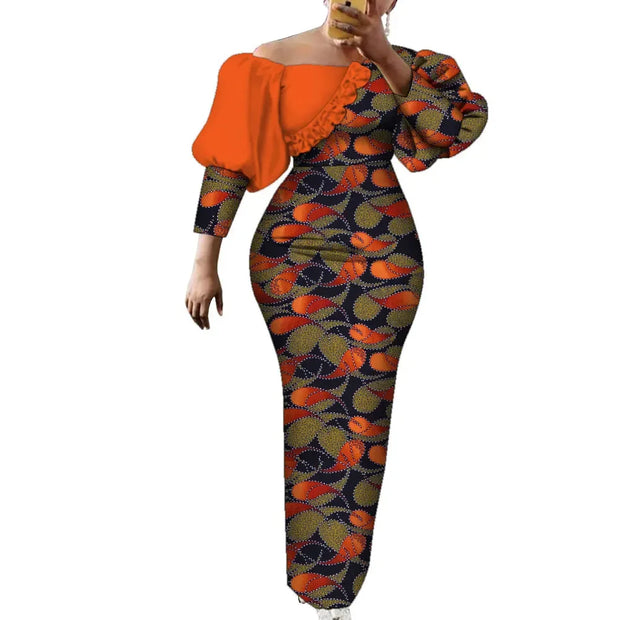 Women Dress African Print Cotton Puff Sleeve Evening Dress African Clothes for Women Elegant Bodycon Long Party Dress WY2122