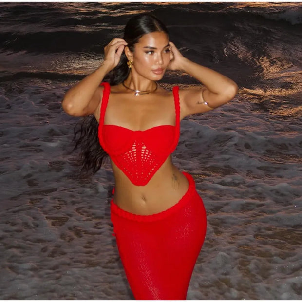 Sexy Knitted Tanks Skirts Set Women Chic Hollow-out Backless Sling Crop Top Hip Package Long Skirt 2025 New Female Beach Outfits