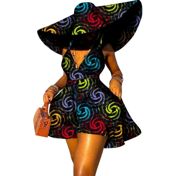 Women Summer Dress African Print Jumpsuit Sexy Sleeveless V-neck Short Pant with Hat Fashion African Clothes Lady Attire WY8844