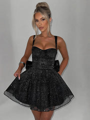 Fantoye Glitter Bright Silk Sparkling Bow Women Dress Apricot Spaghetti Strap Mini Dress Female Spring Slim Elegant Party Dress