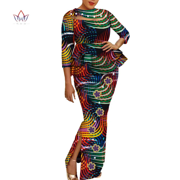 African Wax Print Clothing Women 2 Piece Outfits Set Bazin Riche Applique Flower & Pearls Women Tops and Skirt Set WY3698