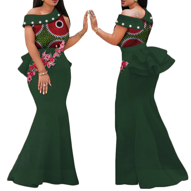 African Print Dresses for Women Riche Applique Draped Peals Long Dress Party Vestidos Traditional African Lady Clothing WY444