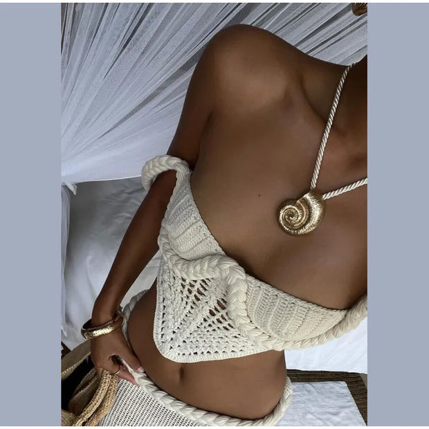 Sexy Knitted Tanks Skirts Set Women Chic Hollow-out Backless Sling Crop Top Hip Package Long Skirt 2025 New Female Beach Outfits