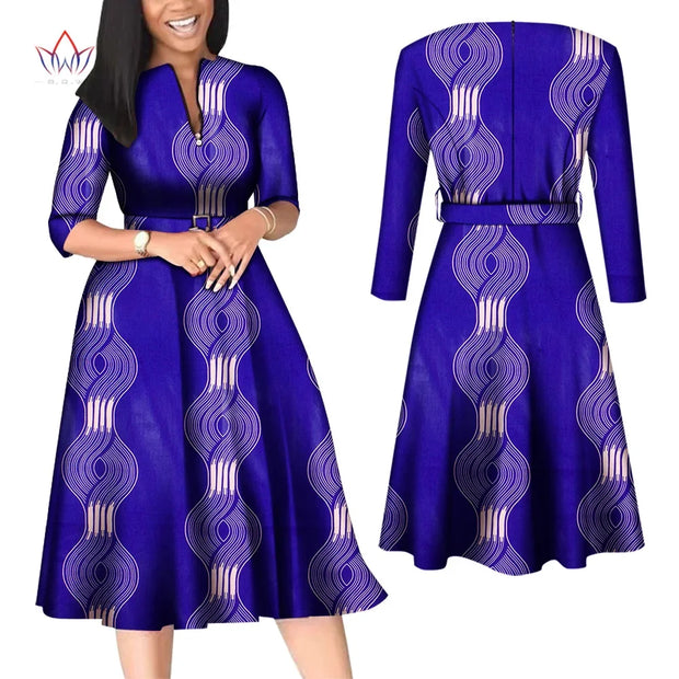 BintaRealWax African Dresses for Women Elegant V Neck Office Midi Dresses with Belt Riche Cotton Africa Print Clothing WY7886