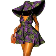 Women Summer Dress African Print Jumpsuit Sexy Sleeveless V-neck Short Pant with Hat Fashion African Clothes Lady Attire WY8844