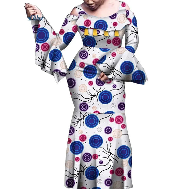 African Dresses for Women Print Flare Long Sleeve Dresses Vestidos  Riche African Wedding Party Sexy Ankara Dresses WY6843
