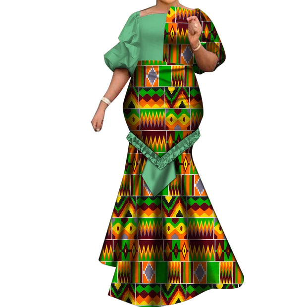 African Dresses for Women Fashion Print Patchwork Ruffle Long Dashiki Dress African Ball Gown for Evening Party WY6824