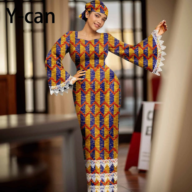 African Dress for Women Elegant Flare Sleeve Lace Dress Slim Fit Party Evening Gown Vestidos with Headwrap African Dress 2425158