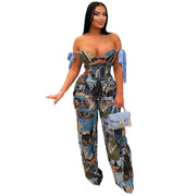 Oil Painting Printed Women's Set Lace Up Back Crop Top and Pants Suit 2025 Fall Winter Two 2 Piece Sets Outfit Tracksuit
