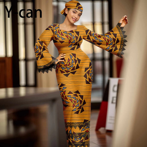 African Dress for Women Elegant Flare Sleeve Lace Dress Slim Fit Party Evening Gown Vestidos with Headwrap African Dress 2425158