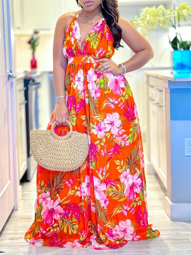 Wmstar Women Dress New in Summer Female  Floral Print V Neck Multi Sleeveless Maxi Dresses Wholesale Dropshipping S-3XL