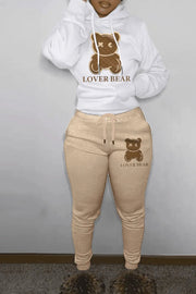 2024 Women's Letter Print 2 Piece Outfits Teddy Bear Letter Print Kangaroo Pocket Tracksuit Set Long Sleeve Sweatshirt and Pants