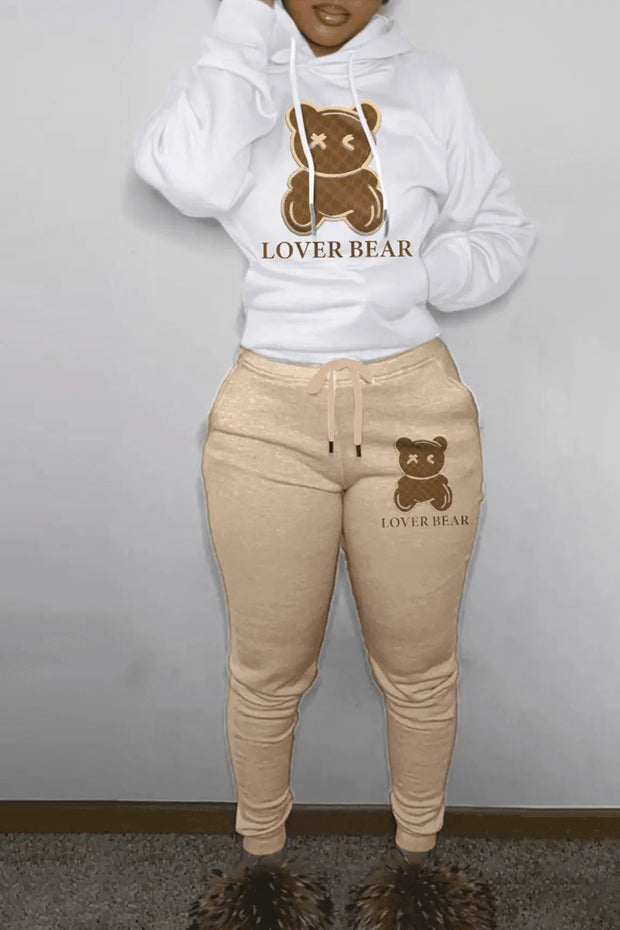 2024 Women's Letter Print 2 Piece Outfits Teddy Bear Letter Print Kangaroo Pocket Tracksuit Set Long Sleeve Sweatshirt and Pants