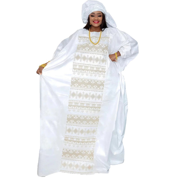African Dresses For Couples Traditional  Bazin Embroidery Dresses Floor Length Dress With Scarf Couple Design