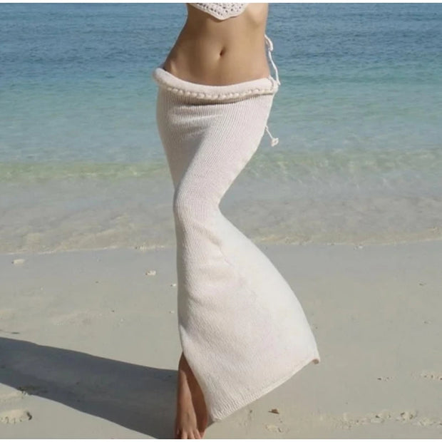 Sexy Knitted Tanks Skirts Set Women Chic Hollow-out Backless Sling Crop Top Hip Package Long Skirt 2025 New Female Beach Outfits