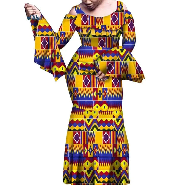 African Dresses for Women Print Flare Long Sleeve Dresses Vestidos  Riche African Wedding Party Sexy Ankara Dresses WY6843