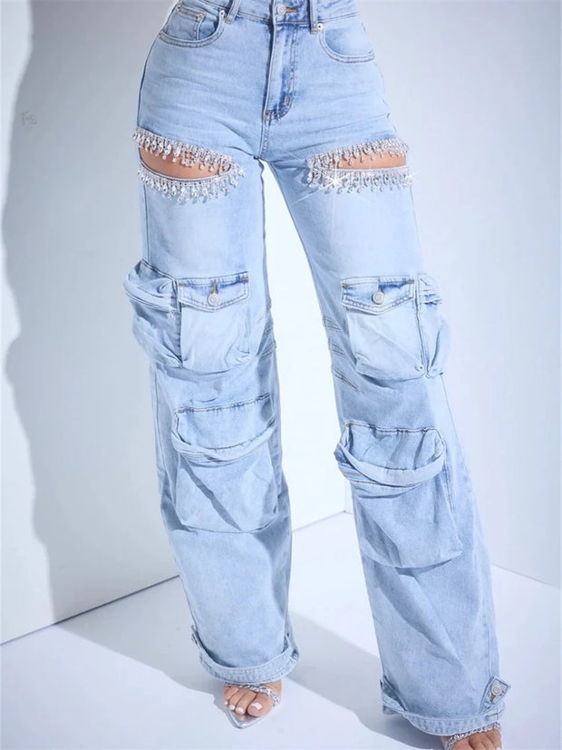 Weird Puss Hollow Rhinestones Cargo Jeans Women Multiple Pockets Button Waist Stretch Autumn Trend Classic Steertwear Buttoms