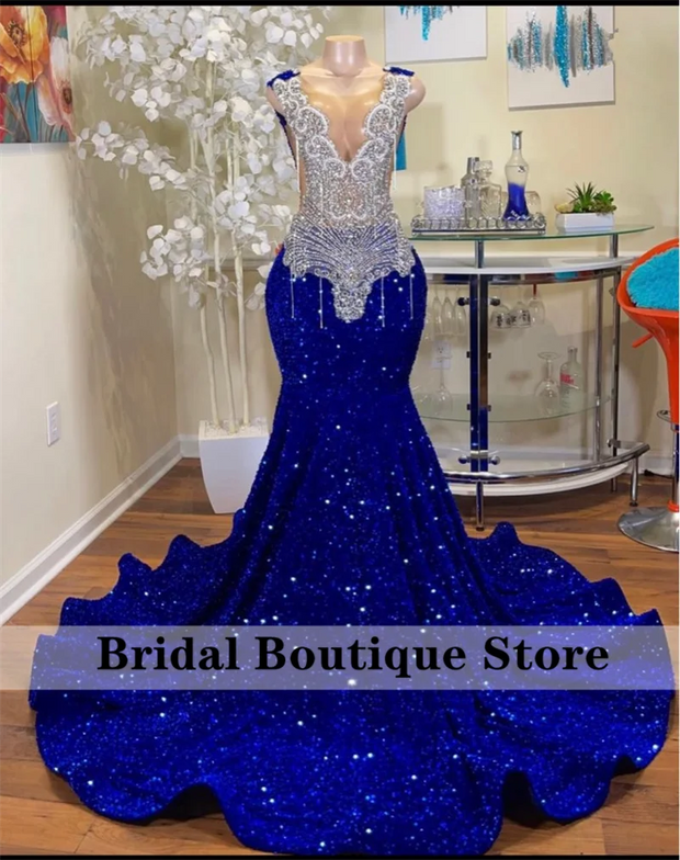 Sparkly Royal Blue Diamonds Mermaid Prom Dress Glitter Sequins Bead Crystal Rhinestones Vestidos Birthday Party Dress Customized