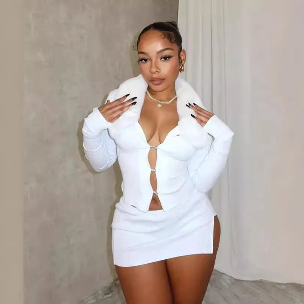 Joskaa Women 2 Piece Set Sexy Fur Collar Full Sleeve Single Breasted Tops and Split Mini Skirt Matched Winter Party Club Outfits