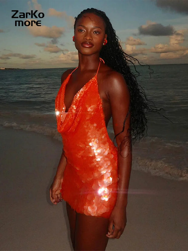 Sexy Sequin Halter Mini Dress Women Backless Lace Up Slim Party Club Dresses Female 2025 Summer Lady Bodycon Y2K Orange Robes