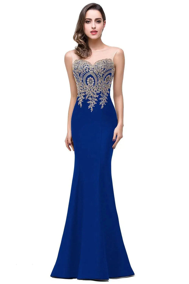 Elegant Mermaid Evening Dress Women Golden Appliques Lace Royal Blue Sweetheart Illusion Wedding Party Prom Gowns Robe de Soiree