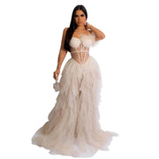 High Quality Sexy Beautiful Ruffles Party Dress Long High Street Style Black Red Mesh Ruffles Corset Maxi Dress Birthday Outfits