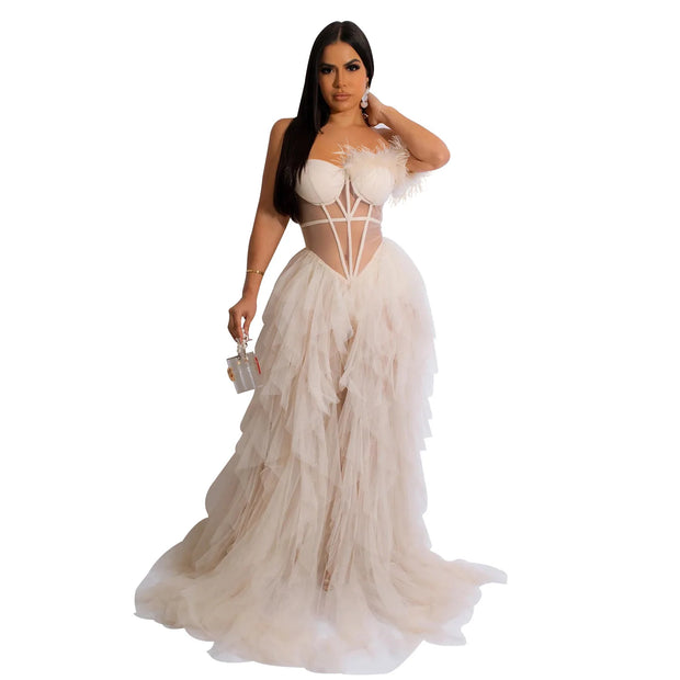 High Quality Sexy Beautiful Ruffles Party Dress Long High Street Style Black Red Mesh Ruffles Corset Maxi Dress Birthday Outfits