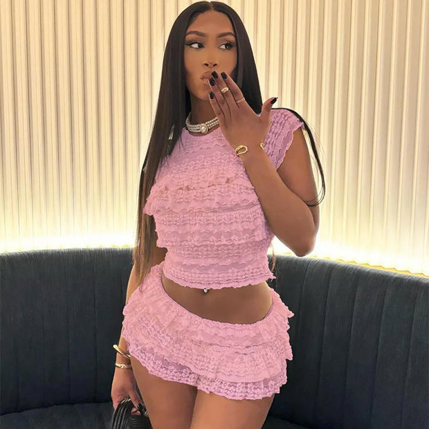Weird Puss Sexy Tierred Women 2Piece Set Summer Elegant Thin Ruffles Tnak Top+Shorts Skirts Midnight Concert Party Matching Suit