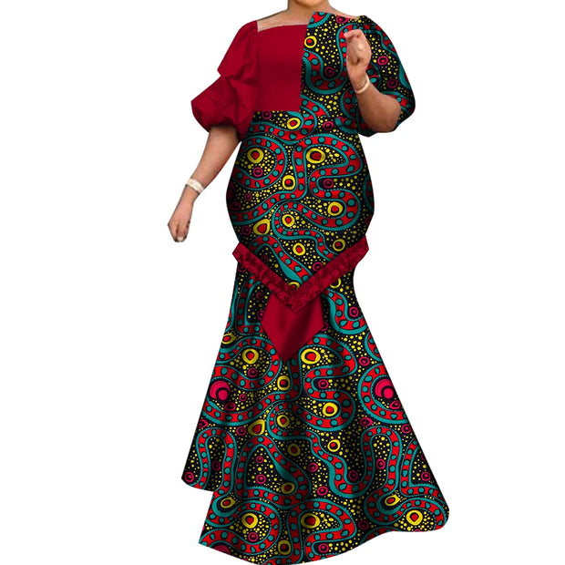 African Dresses for Women Fashion Print Patchwork Ruffle Long Dashiki Dress African Ball Gown for Evening Party WY6824