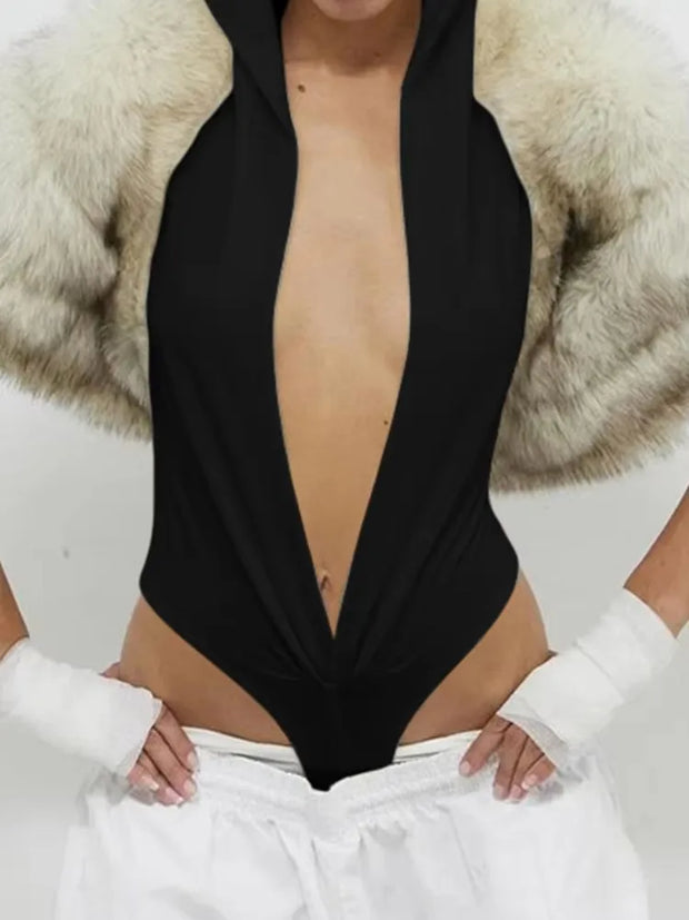 Weird Puss Hooded Bodysuit Women Summer Simple Deep v-Neck Short Sleeve Tops Trend Hipster Solid Clubwear Stretch Tight Bodycon