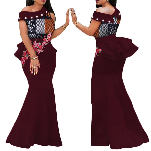African Print Dresses for Women Riche Applique Draped Peals Long Dress Party Vestidos Traditional African Lady Clothing WY444
