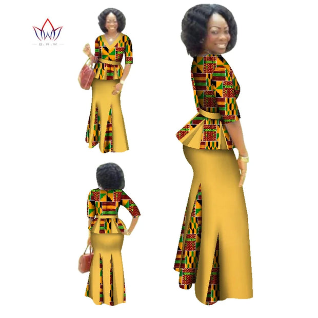 Traditional African Clothing 2 Piece Set Women Clothes Half Sleeve Maxi Dress Dashiki African Print Skirt free Scarf 6XL WY1435