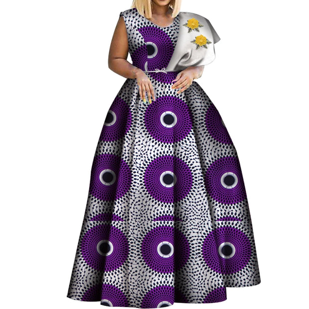 Bintarealwax Dashiki African Print Dresses Bazin One-shoulder Party Dress Vestidos Plus Size African Dresses for Women WY3834