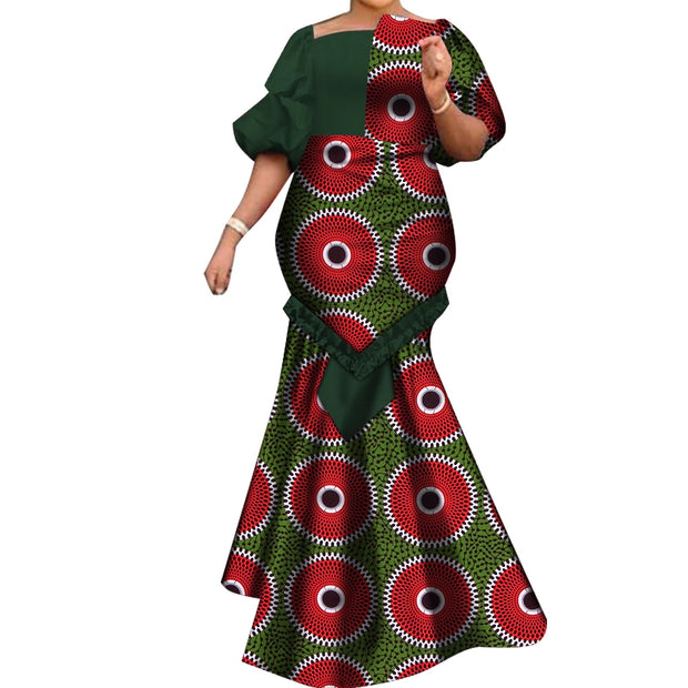 African Dresses for Women Fashion Print Patchwork Ruffle Long Dashiki Dress African Ball Gown for Evening Party WY6824